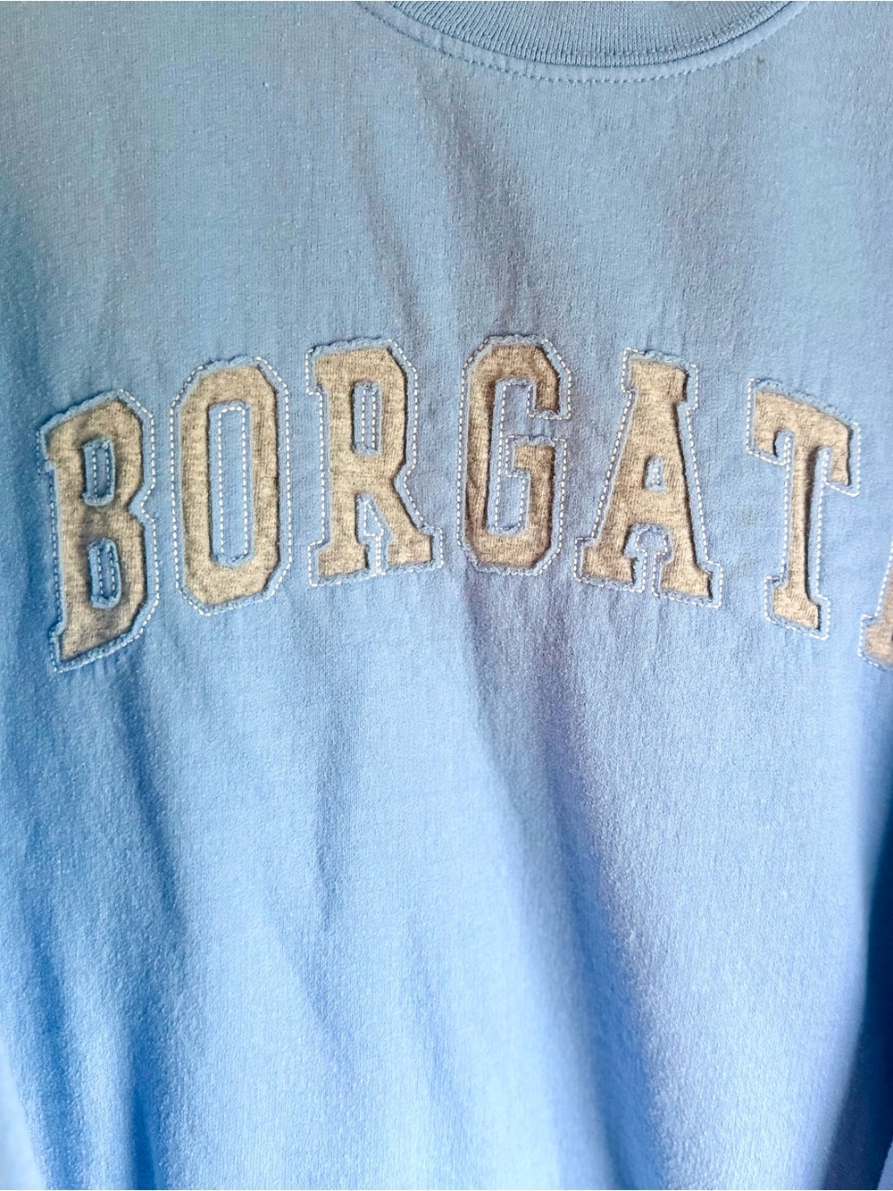 Light Blue Sweatshirt with Cream Appliqué Letters